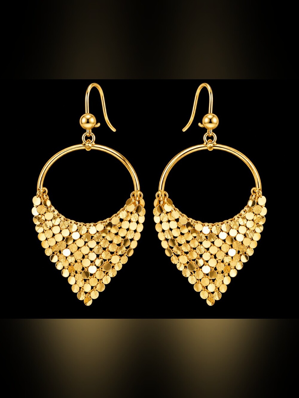 22kgp Dubai Jewelry Gold Hoop Drop Earrings with Textured Fan Accent